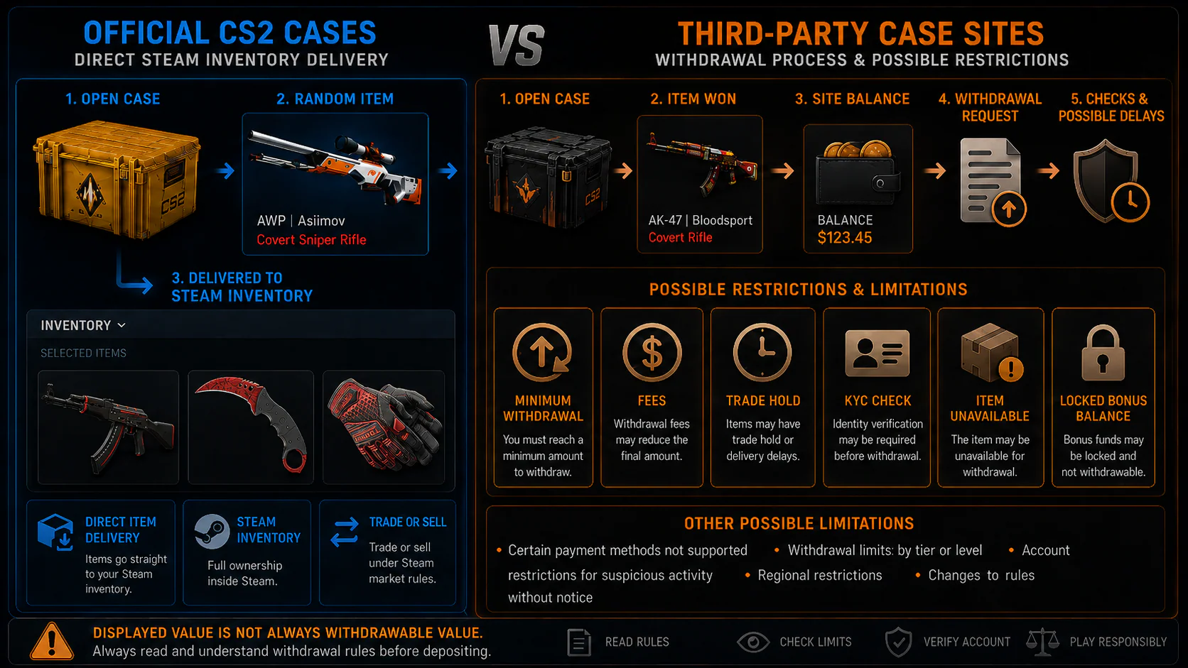 Steam Inventory delivery compared with third-party CS2 case site withdrawal rules