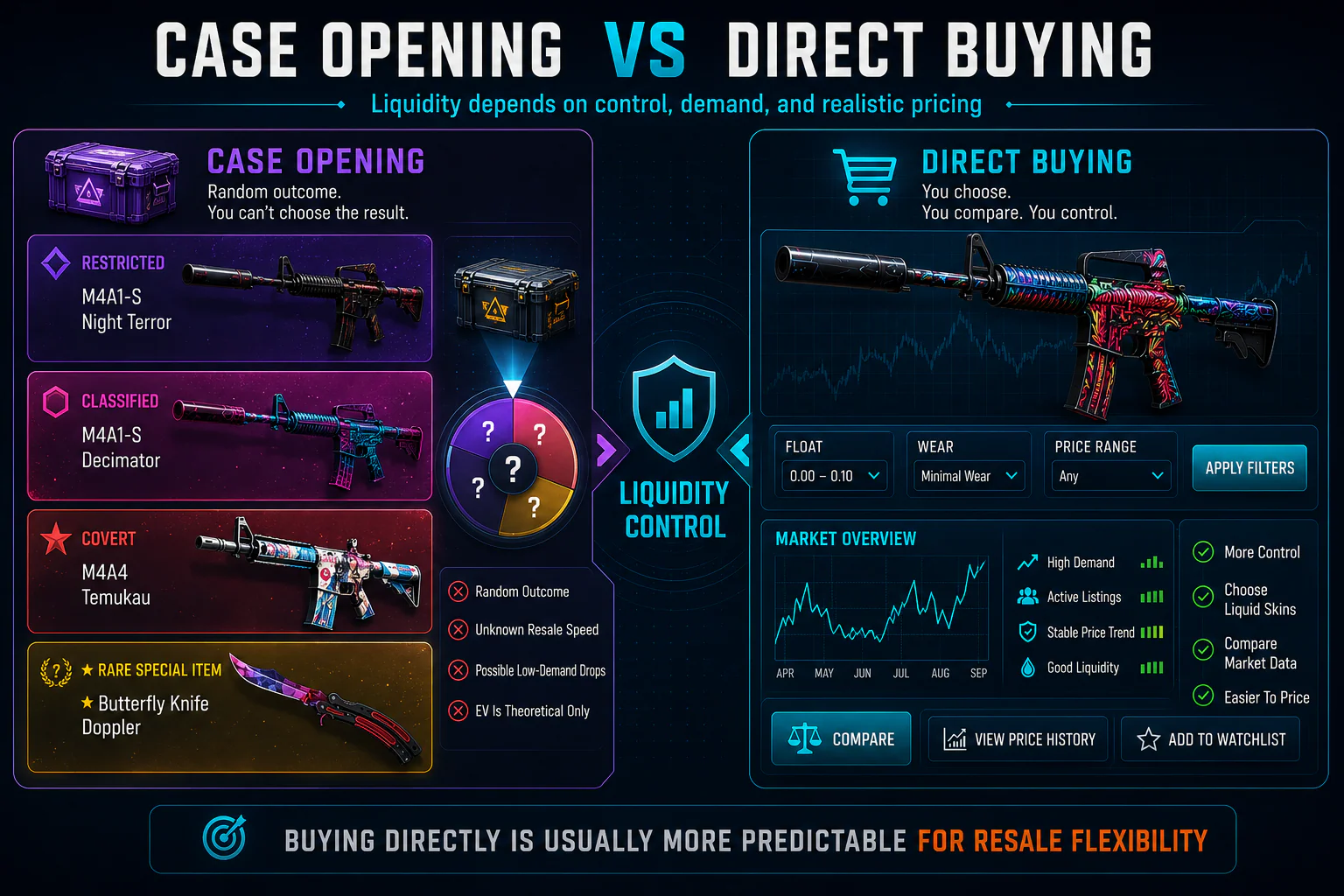 CS2 liquidity comparison infographic showing case opening versus direct buying, random drops, market data, resale flexibility, and pricing control