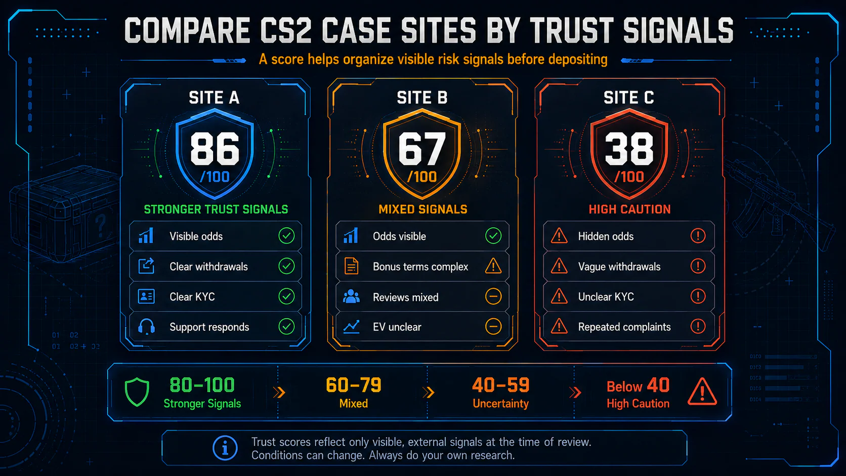 CS2 case site trust score comparison dashboard showing stronger trust signals, mixed signals and high caution score ranges before depositing