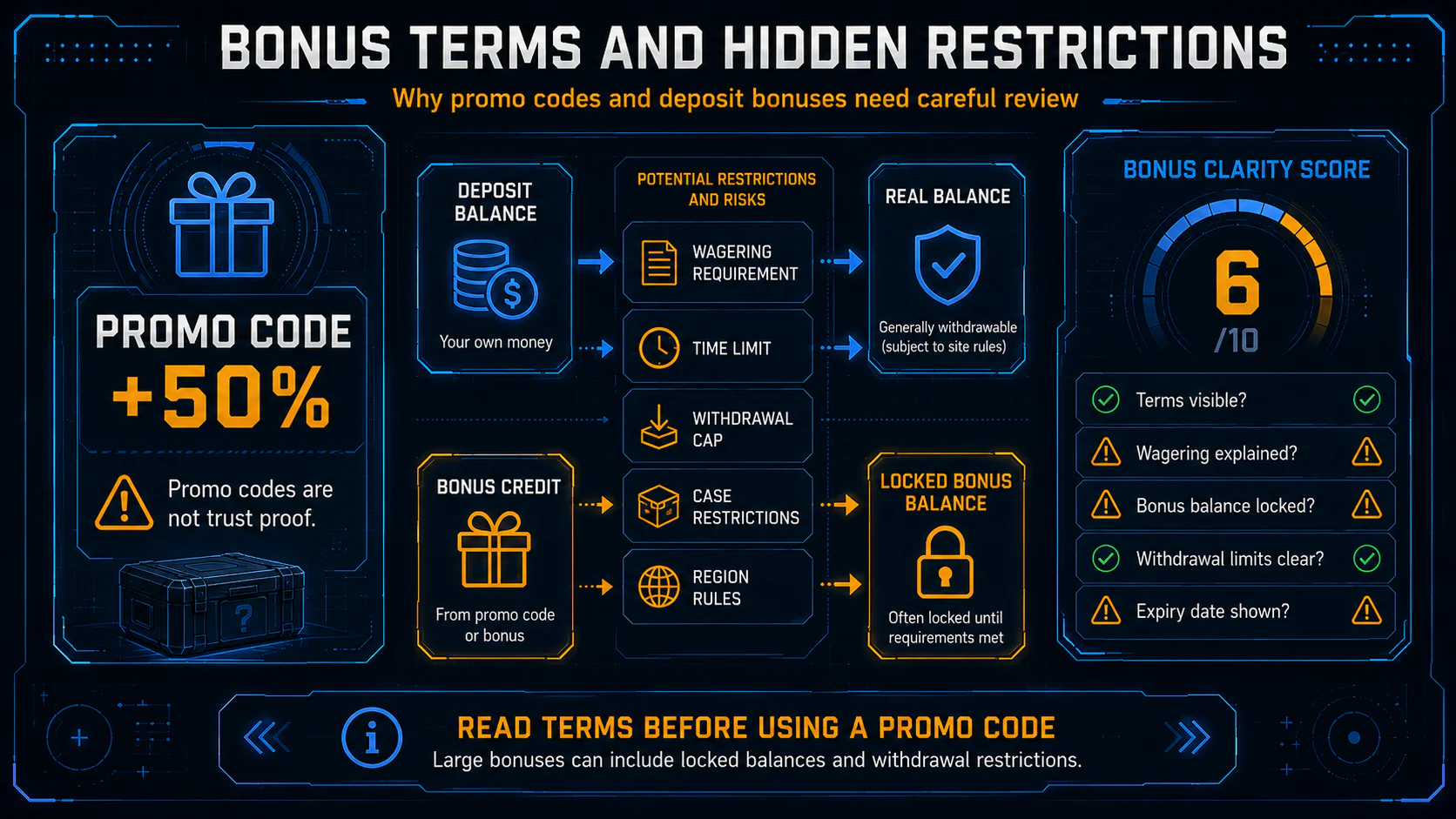 CS2 case site bonus terms infographic explaining promo code restrictions, locked bonus balance, wagering requirements, withdrawal caps and time limits