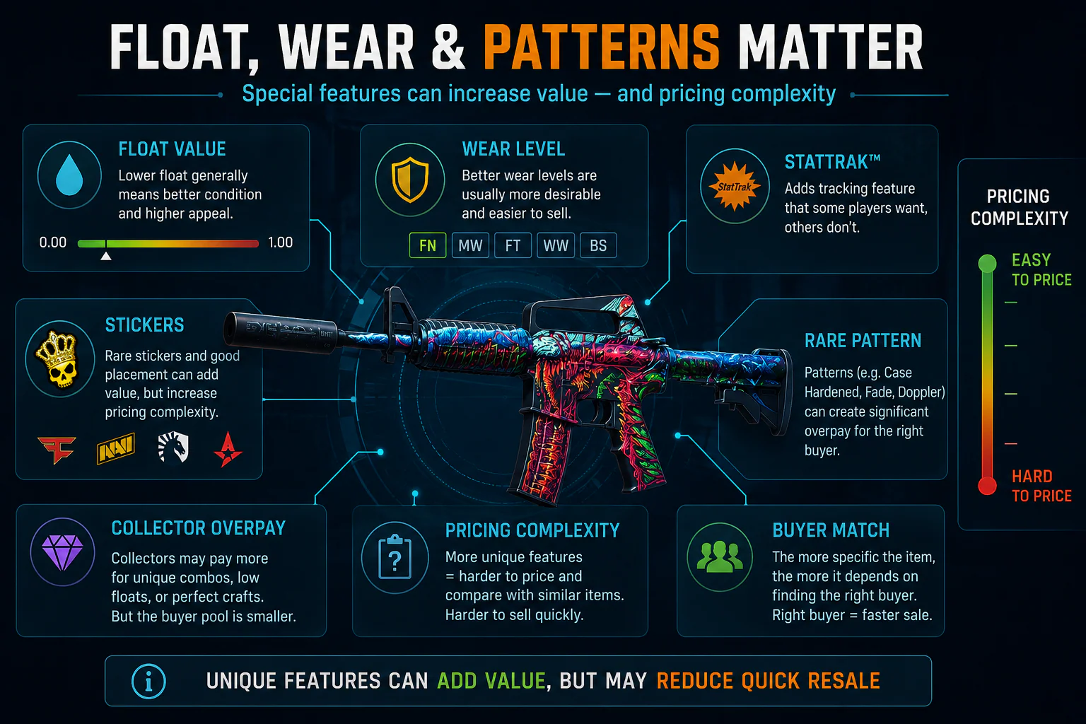 CS2 skin liquidity infographic explaining how float value, wear level, StatTrak, stickers, rare patterns, and overpay affect pricing and resale