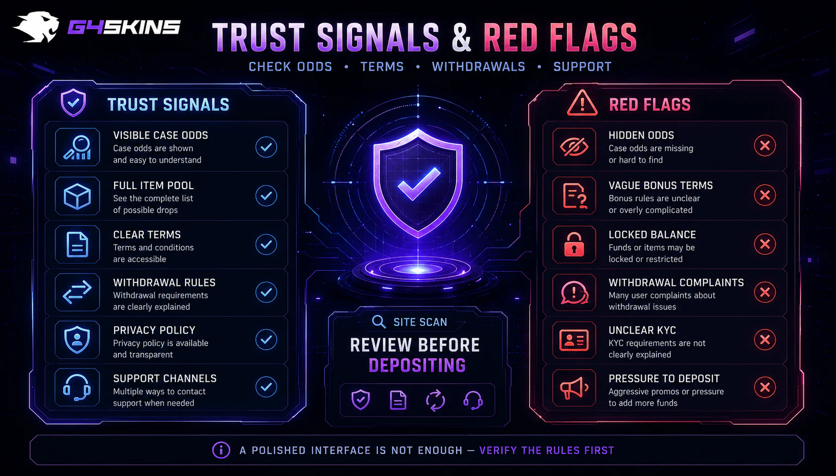G4Skins trust signals and red flags checklist showing odds, terms, withdrawals, privacy policy, support and deposit risk checks